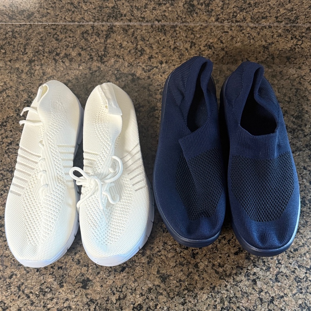 White and Navy Knit Sneakers